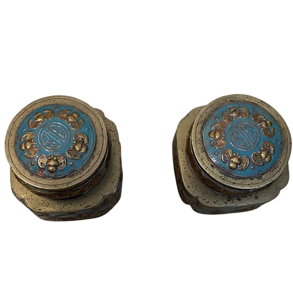 Pair of Vintage Brass Chinese Urn Snuff Brass & Enamel Lidded Trinket Tea Jar - Picture 3 of 11